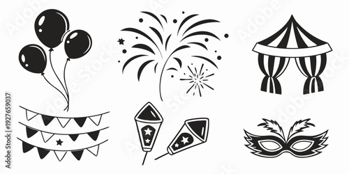Assorted party decorations including balloons, streamers, and a tent. Vector