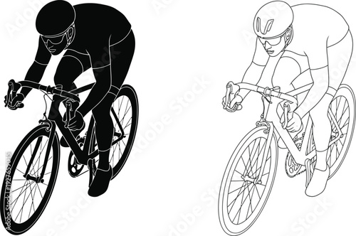 Two cyclists in dynamic poses one solid black and one line art ideal for sports graphics on transparent background silhouette