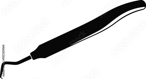A sleek black dental instrument possibly a scaler or probe depicted in a minimalist style on transparent background silhouette high quality