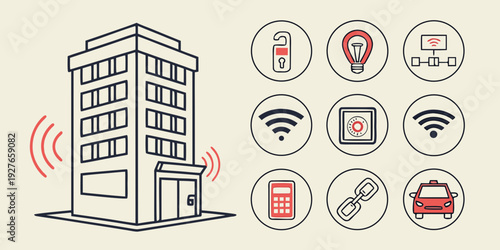 A modern building with various icons representing different services and amenities Vector