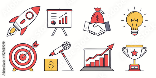Icons representing various aspects of business and innovation Vector