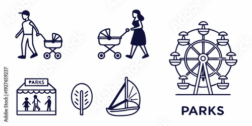 A collection of icons representing various aspects of community and social services. Vector
