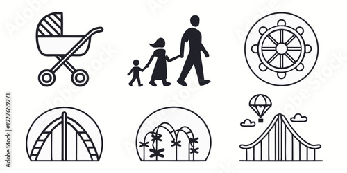 Icons representing various aspects of family life and social services Vector