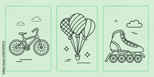 A collection of three vintage illustrations featuring a bicycle, a hot air balloon, and roller skates. Vector