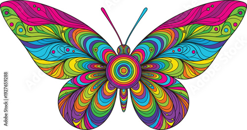 Colorful butterfly illustration with vibrant swirling wing patterns in pink, purple, blue, green, yellow, and orange, artistic symmetrical design for decorative, creative, and psychedelic themes