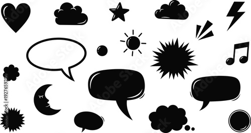 A collection of black weather and decorative icons including hearts stars and speech bubbles on transparent background silhouette high quality professional