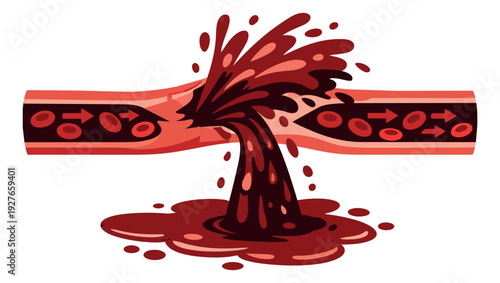 Cartoon style illustration of a ruptured blood vessel depicting a blood hemorrhage for medical information