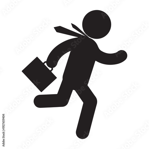 Black silhouette of a running businessman with a briefcase and a tie, isolated on white background