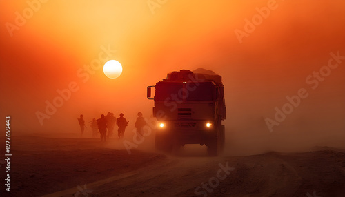 Military Convoy in Dust Storm: A military truck drives through a desert landscape during a dust storm, soldiers in the background. The sun sets, casting an orange glow over the scene.
