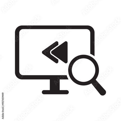 Vector icon of rewind arrows on a screen with a magnifying glass. Represents video history search, media playback analysis, tracking past content, and digital archive browsing tools.