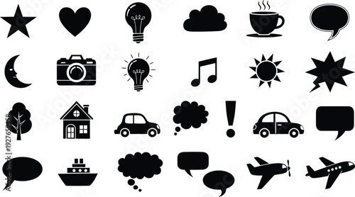 A collection of black icons featuring stars hearts lightbulbs clouds and vehicles on transparent background silhouette high quality professional detailed modern