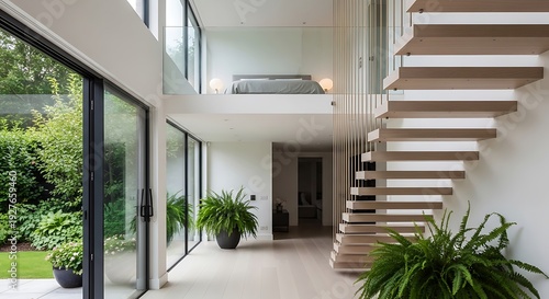 Modern luxury home interior with floating wooden staircase and large glass windows