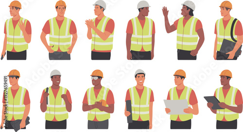 Construction workers illustration set, safety helmet vest icons, teamwork site roles, blueprint tablet tools, occupational labor silhouettes vector design