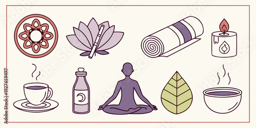 A collection of various objects including a teacup, a candle, a flower, and more. Vector