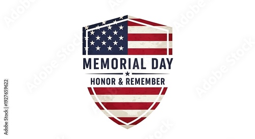 Memorial day shield emblem with American flag and text honor and remember