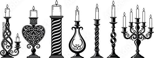 Ornate candle holder silhouettes with lit candles, decorative vintage designs including spiral, heart-shaped, and multi-arm styles, romantic ambiance artwork for gothic and classic decor themes