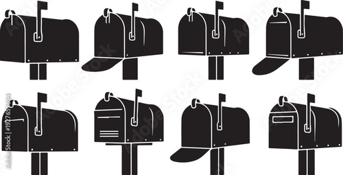 Collection of various mailboxes on posts in black silhouettes