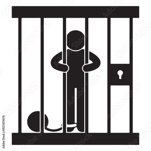Black silhouette of a person standing behind vertical prison bars with a keyhole on the right and a shackle on the left, isolated on white background