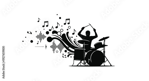 Energetic drummer silhouetted against abstract musical notes and sound waves