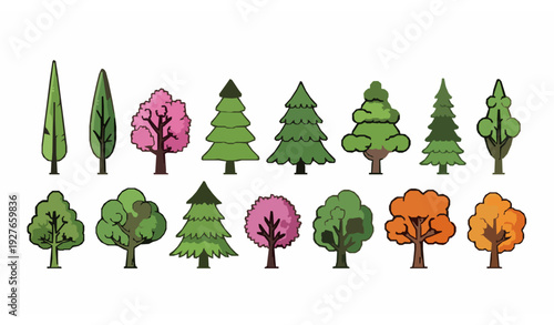 Colorful Cartoon Tree Line Vector Illustration Forest Landscape Elements