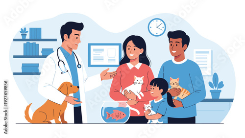 Family with a child and their pets visit a friendly veterinarian in a clinic for a professional health checkup and care.