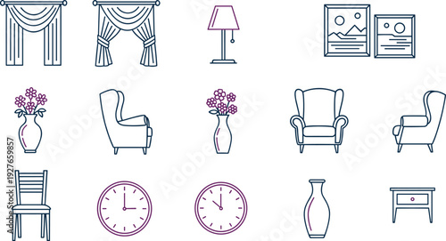 Stylized household items line drawing illustration featuring curtains, lamps, vases, chairs, clocks, and framed pictures, decorative interior design artwork for home decor themes