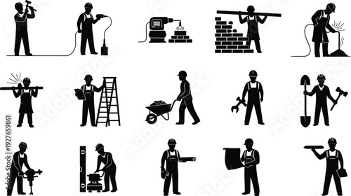 Construction workers engaged in various tasks and activities