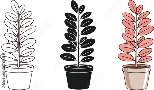 Stylized potted plant illustration set showing outline drawing, solid silhouette version, and colorful design with pink leaves for botanical art and educational projects