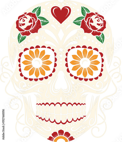 Sugar skull illustration decorated with roses, heart, and floral patterns, vibrant Día de los Muertos artwork symbolizing Mexican culture, tradition, remembrance, and festive celebration themes