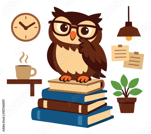 Cartoon learning elements set featuring an intelligent owl, books, and study accessories for education or work from home