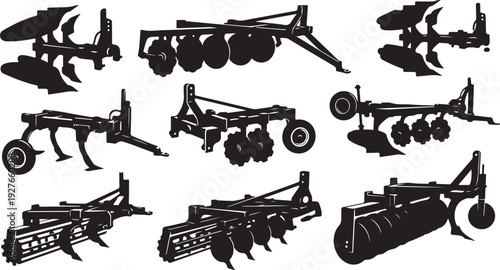 Various farm equipment silhouettes for agriculture and farming purposes