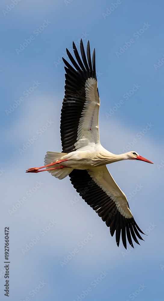 Fototapeta premium A white stork flies against a blue sky with clouds