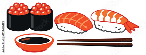 Simple cartoon sushi set featuring various sushi rolls and pieces, soy sauce, and chopsticks for Japanese food designs