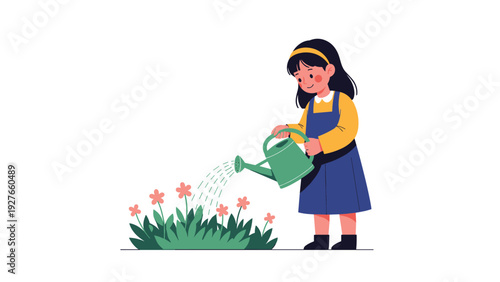 Sweet young girl in a dress and headband carefully waters a patch of pink flowers using a green watering can.