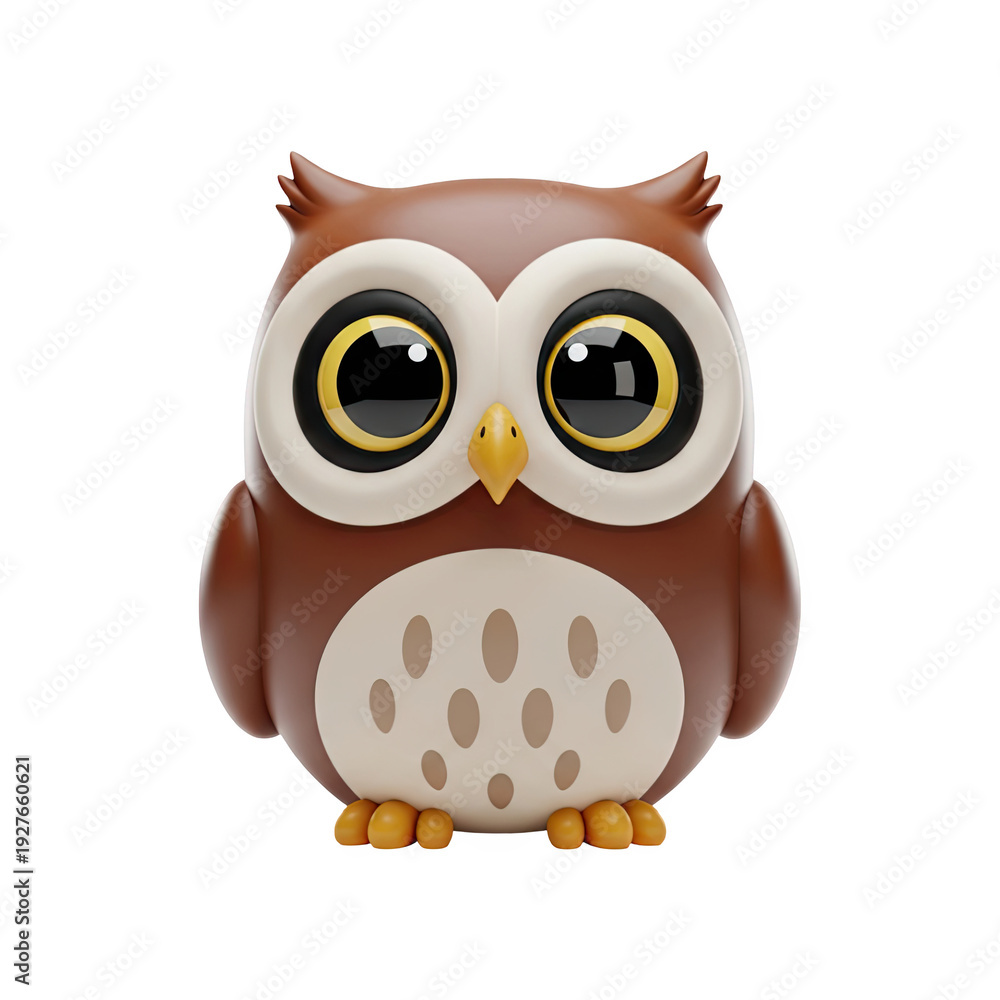 Obraz premium Cute 3D cartoon owl with big eyes and brown feathers, representing wisdom and night