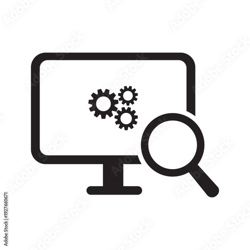 Computer repair and technical support icon. Monitor with gear and wrench symbols and magnifying glass. PC troubleshooting, maintenance, and system optimization.