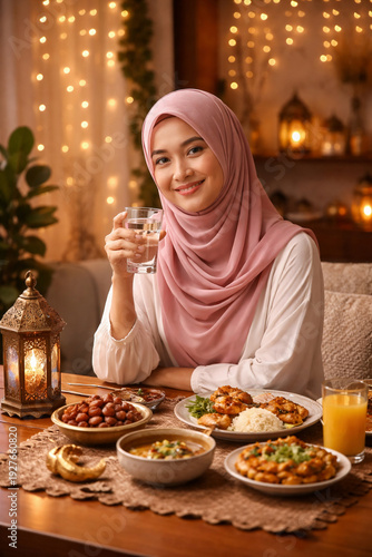 Smiling Muslim Woman Enjoying Iftar Meal During Ramadan at Cozy Home