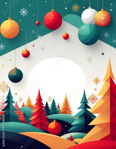 Flat geometric Christmas background with bold shapes and bright festive colors