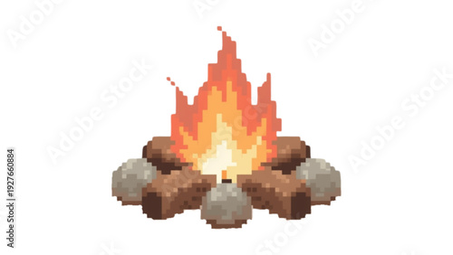 Pixel Art Bonfire with Wood Logs and Stones Isolated on White
