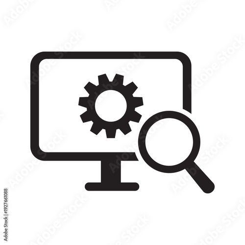 Computer repair and technical support icon. Monitor with gear and wrench symbols and magnifying glass. PC troubleshooting, maintenance, and system optimization.