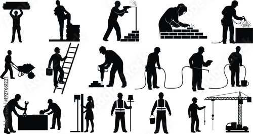 Silhouette illustrations of construction workers and laborers