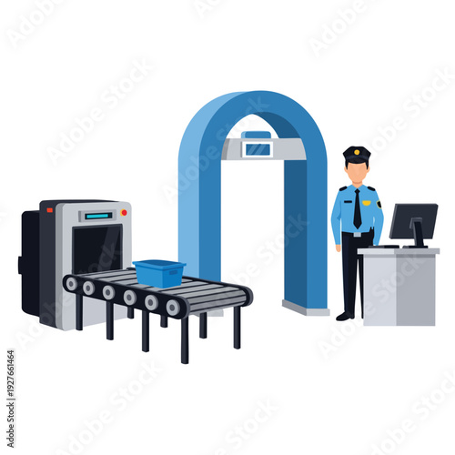 Security Screening at Airport with Metal Detector and Security Officer