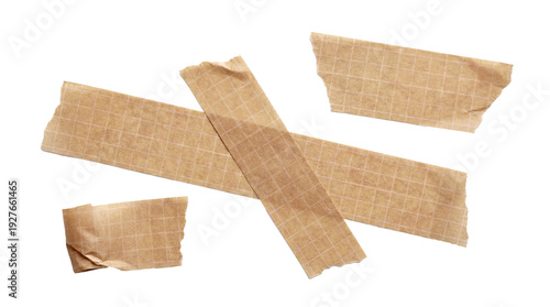 Fotografie collection of torn brown masking tape strips with grid pattern, isolated on transparent background, creative craft supply