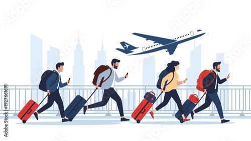 Busy travelers carrying luggage and using smartphones run towards an airplane at a city airport for their flight.