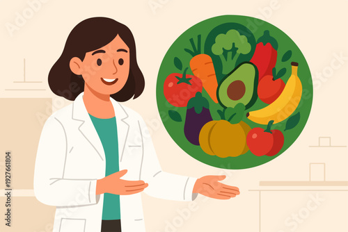 Clean flat vector illustration of a smiling nutritionist presenting healthy food choices