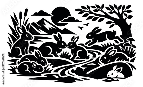 Stylised illustration of bunnies depicting a family in a moonlit woodland scene for nature and wildlife themes