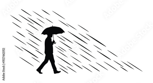 Lone silhouette walks with an umbrella through heavy rain and wind