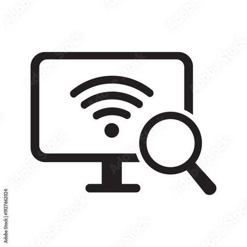 A computer monitor with a Wi-Fi signal icon and a magnifying glass. Represents network searching, wireless signal strength analysis, internet troubleshooting, and connectivity scanning.