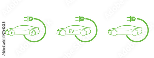 Green electric car icon set with plug. Electric car charging station. Car battery recharging station. Environmentally friendly alternative energy. Vector illustration