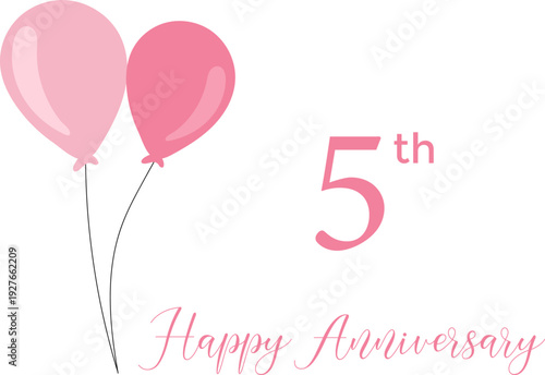 Happy 5th anniversary with pink balloon decoration on a white background. Anniversary celebration concept featuring festive decorations, balloons, confetti, and elegant typography.